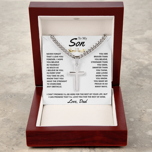 Gift for Son (from Dad) – “Never Forget That I Love You” Personalized Cross with Cuban Link Chain