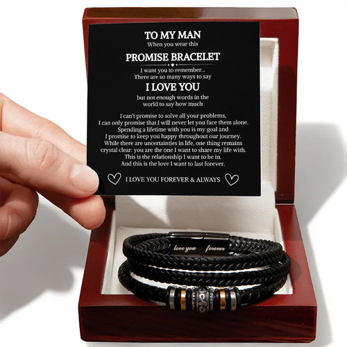 Gift for Him Bracelet braided black leather promise bracelet in wooden box with love message card