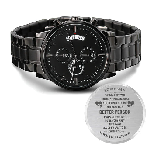 Gift for Him Chronograph Watch by ShineOn Fulfillment with black metal band and engraved backplate