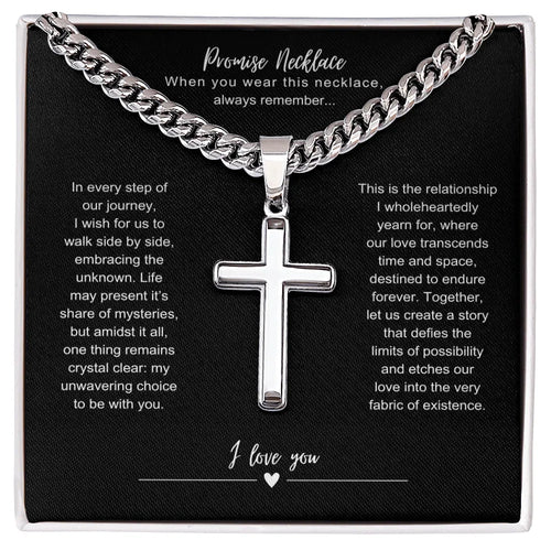 Gift for Him Cuban Chain silver cross necklace with promise message by ShineOn Fulfillment