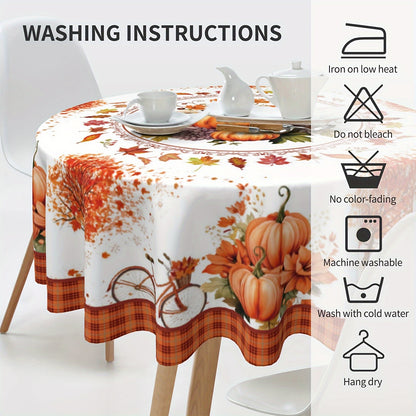 Fall Pumpkin Harvest Tablecloth with Buffalo Check & Maple Leaf Design