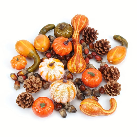 50-Piece Autumn Harvest Decor Set – Mini Faux Pumpkins, Gourds, Maple Leaves & Berries for Thanksgiving & Halloween