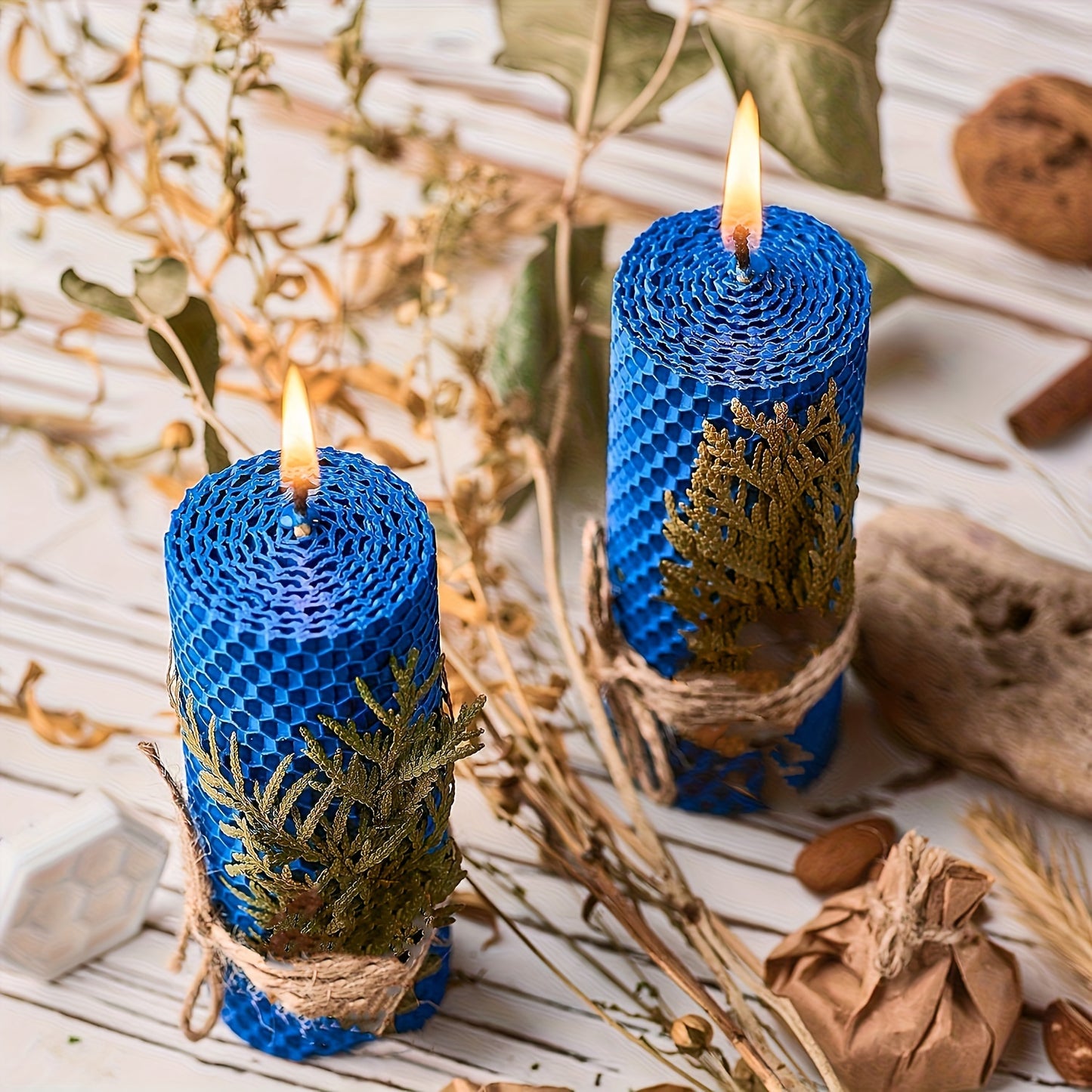 Beeswax Aromatherapy Candles Set of 4 - Hand-Rolled Pillar Candles with Honeycomb Texture, Dried Flowers Embellishment