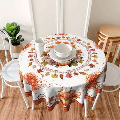 Fall Pumpkin Harvest Tablecloth with Buffalo Check & Maple Leaf Design