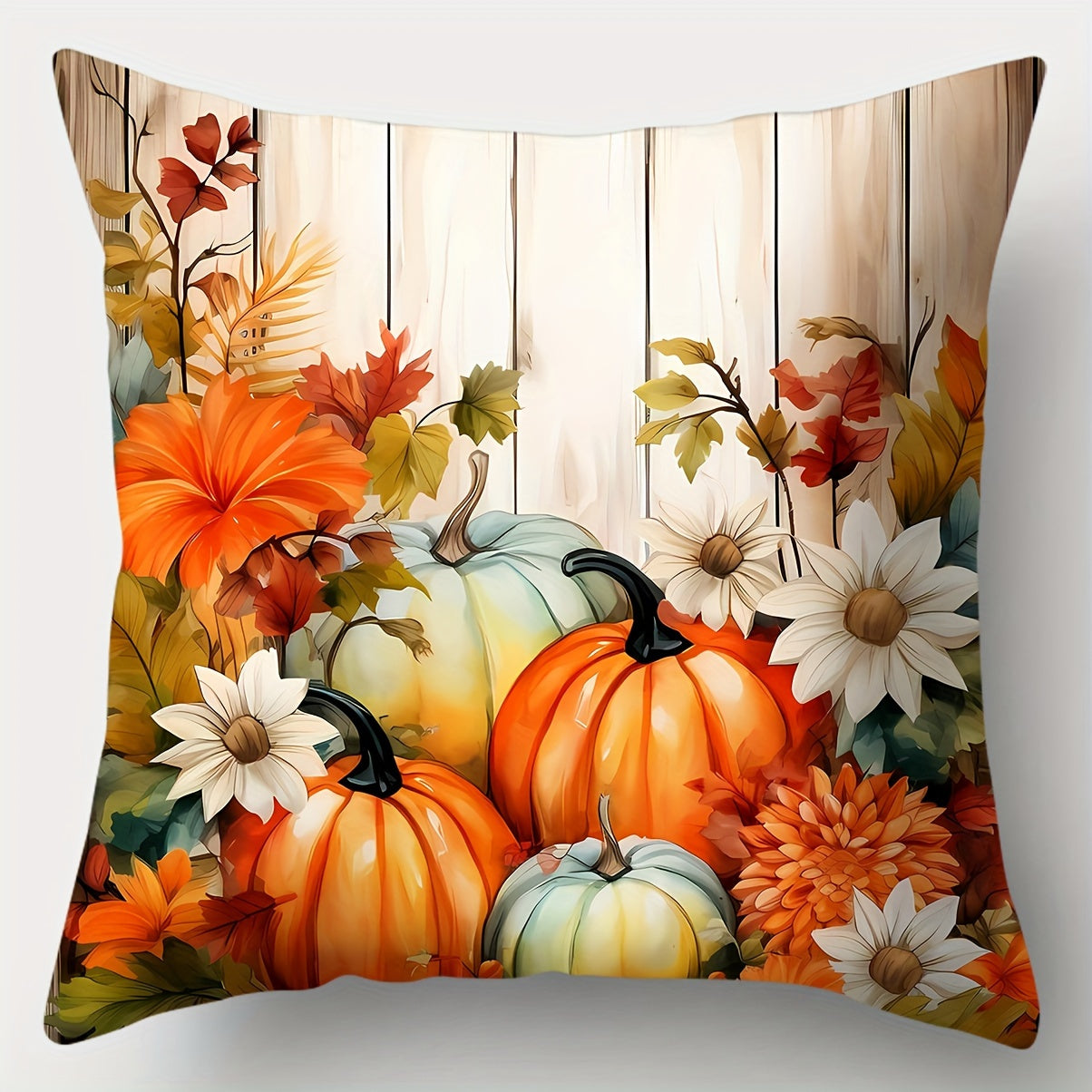 4PCS Autumn Harvest Pumpkin Floral Pillow Covers – Soft Polyester, 18x18" with Zipper Closure