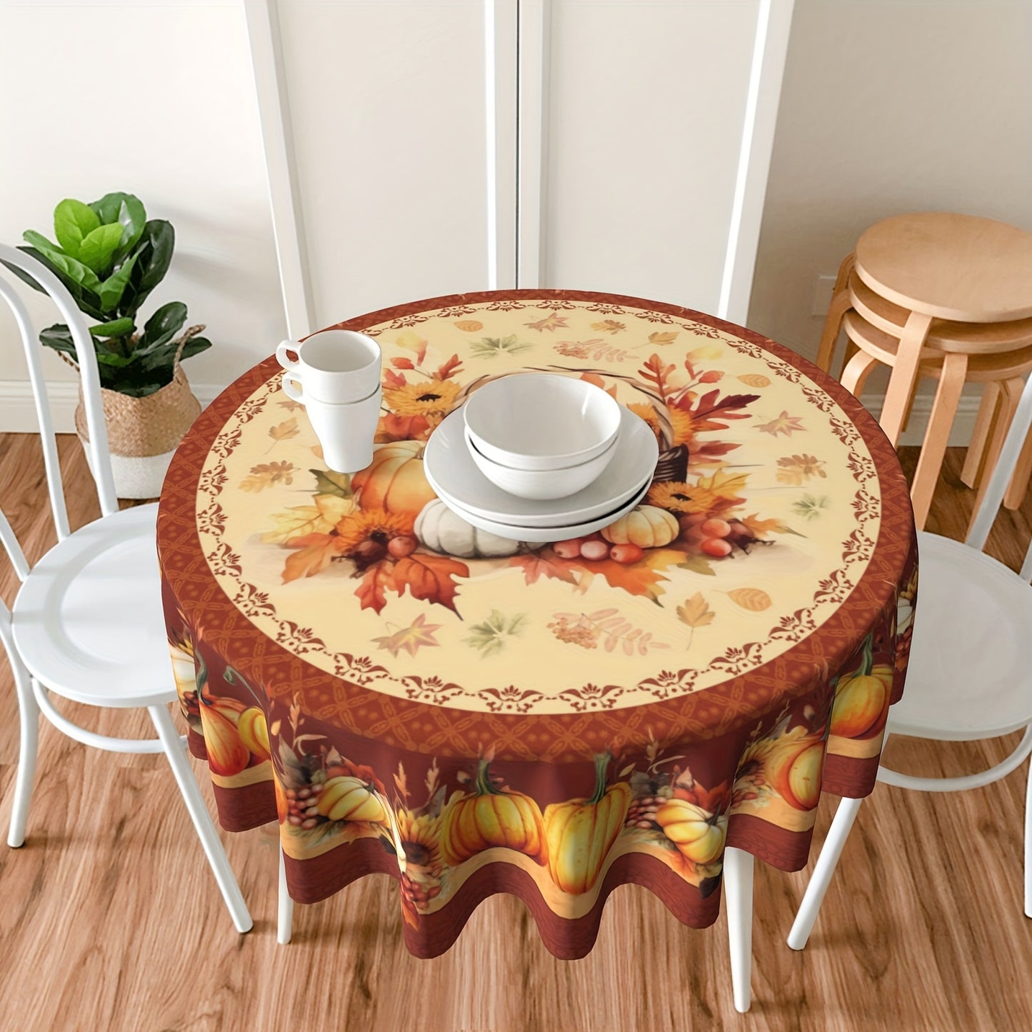 Fall Harvest Tablecloth with Maple Leaf & Pumpkin Design – Thanksgiving Farmhouse Style