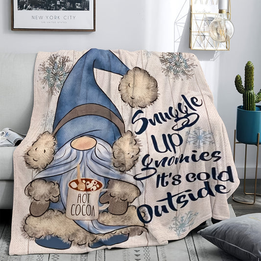 Cozy Christmas Blue Gnome Printed Flannel Blanket – Soft, Warm & Multi-Purpose Shawl for Office, Home, or Leg Cover