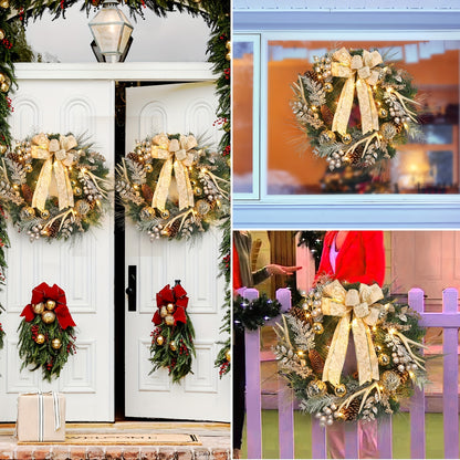 24-Inch Outdoor Christmas Wreath with Gold Ball Ornaments, Pine Cones, and Antlers - 8 Lighting Modes for Front Door Holiday Décor