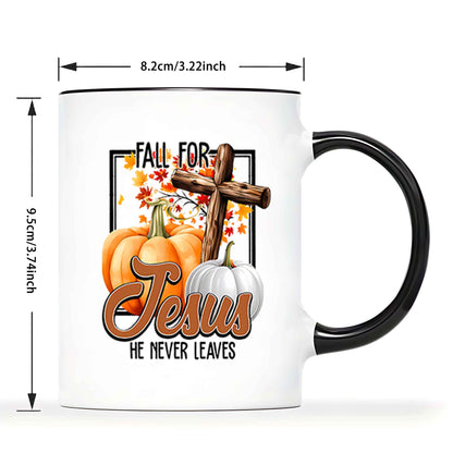 Funny Maple Leaf Pumpkin Cross Ceramic Mug – Fall For Jesus, He Never Leaves