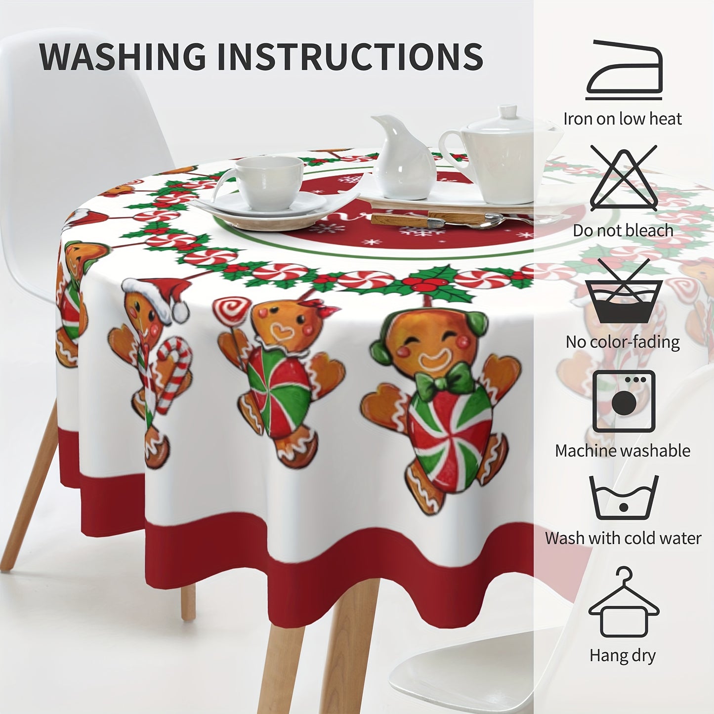 Christmas Polyester Tablecloth - Lively Gingerbread Man & Candy Pattern, Festive Holiday Décor for Home & Events, Durable Fabric, Perfect Christmas Gift