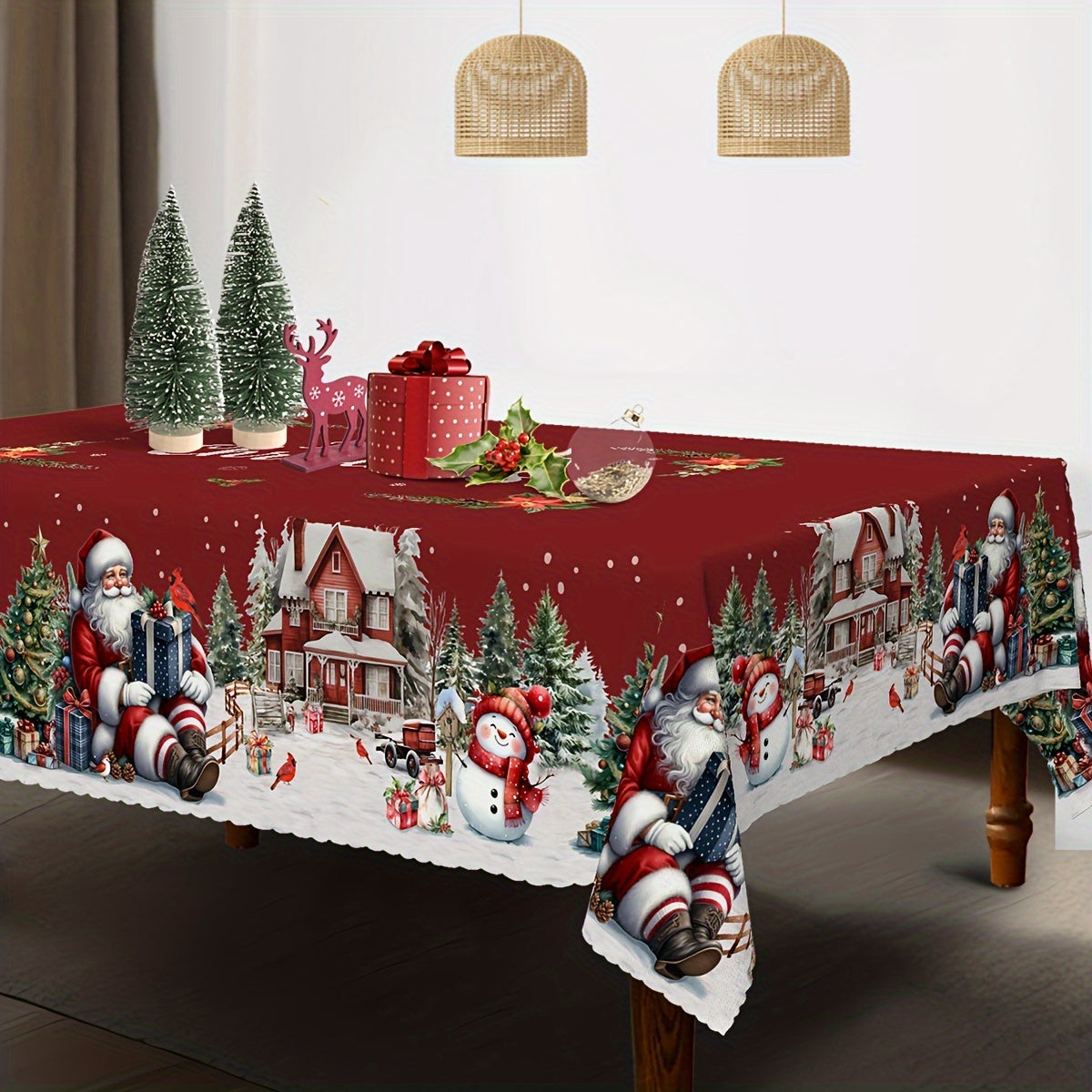 Christmas Holiday Tablecloth with Santa, Snowman, and Christmas Tree Design - Durable Polyester, Machine-Woven Rectangular Table Cover for Indoor & Outdoor Use