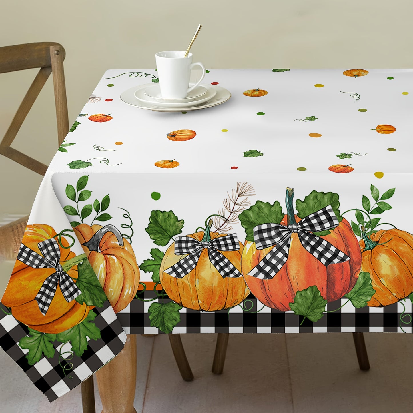 Autumn Harvest Thanksgiving Tablecloth with Buffalo Plaid & Pumpkin Design