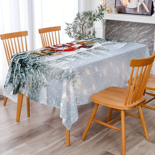 Merry Christmas Tablecloth - White Snowman Pattern, Polyester Table Cover for Festive Holiday Dining & Home Décor