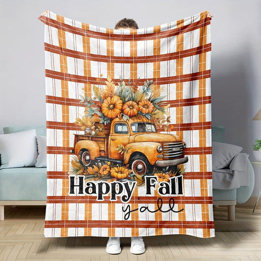 Vintage Pumpkin Car Autumn Flannel Throw Blanket – Orange Brown Plaid