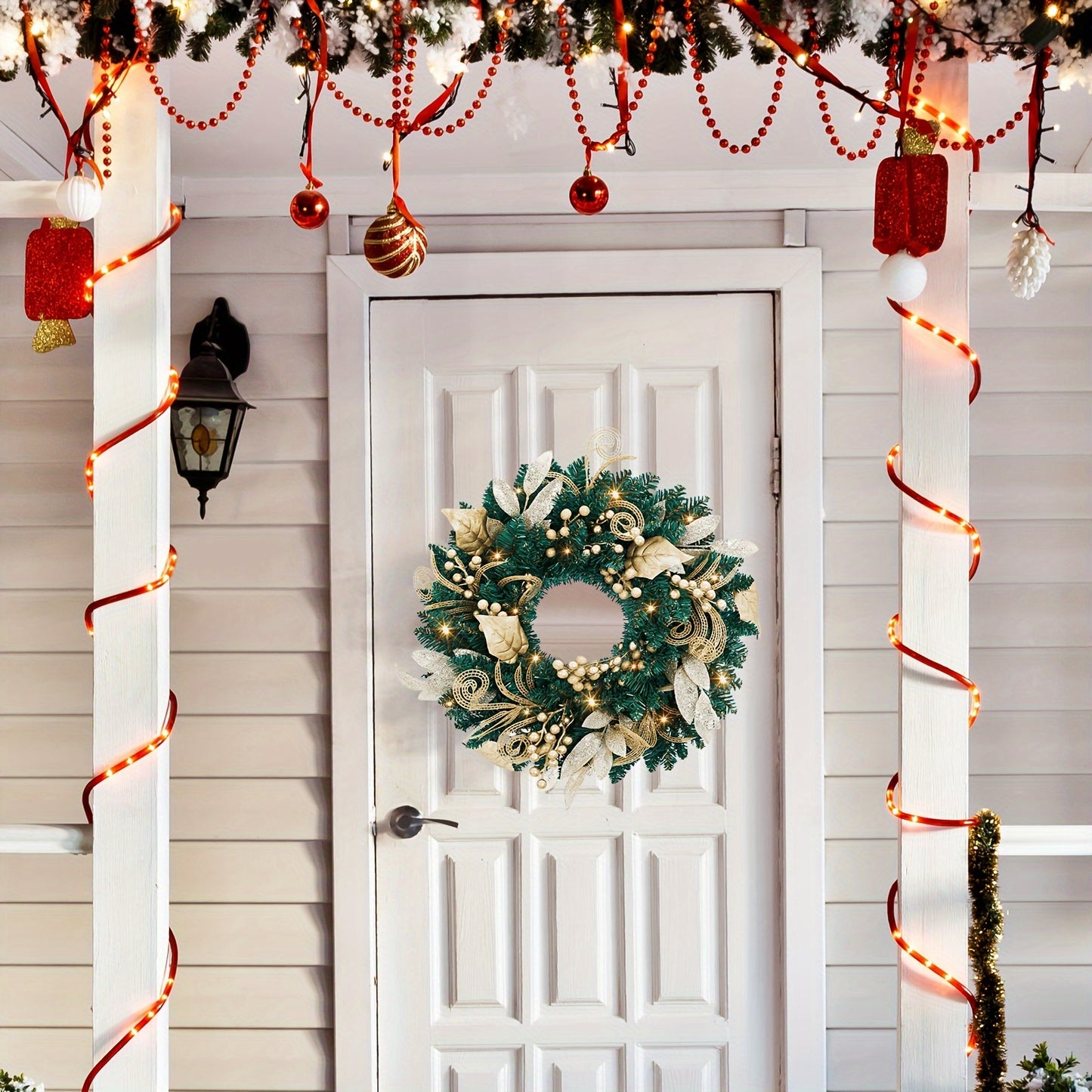 18-Inch Pre-Lit Christmas Wreath with LED Lights - Artificial Wreath with Gold Flowers and Berries for Front Door Holiday Décor