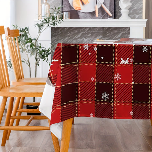 Merry Christmas Table Cover - Red & Black Plaid with Snowflake Pattern, Polyester Holiday Tablecloth for Christmas Décor and Home Decoration