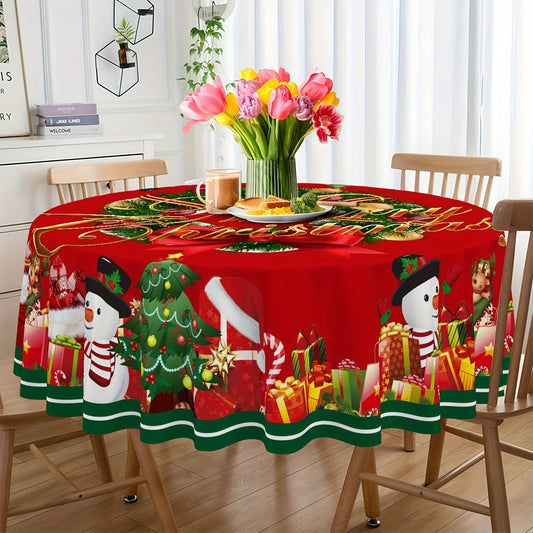 Round Christmas Tablecloth - Festive Santa, Snowmen, Tree & Wreath Pattern, Durable Polyester, Machine-Woven for Holiday Gatherings, Kitchen & Dining Décor