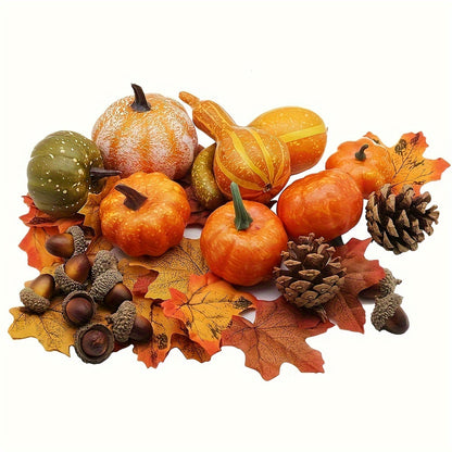 48-Piece Fall Decor Set – Artificial Pumpkins, Gourds, Acorns & Maple Leaves for Thanksgiving & Halloween