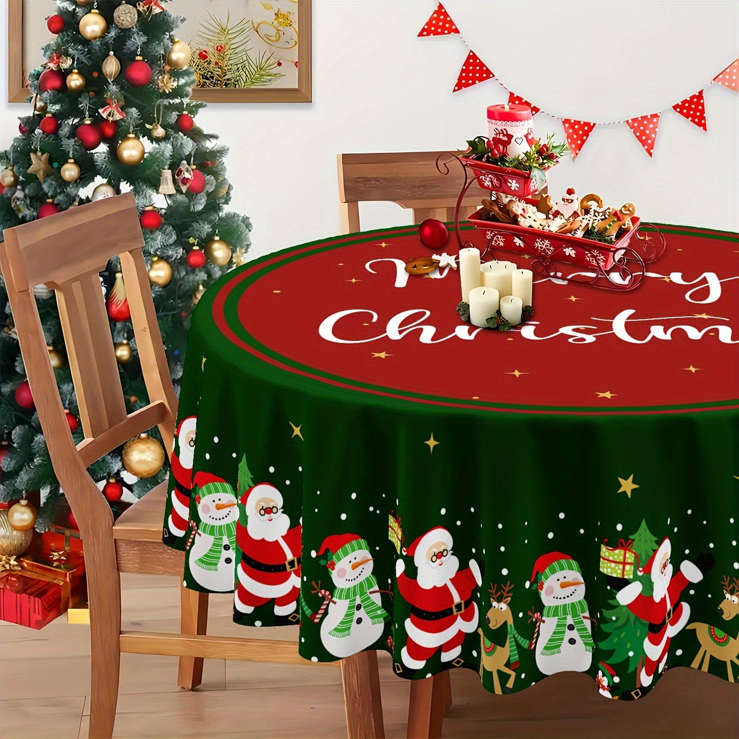 Christmas Cartoon Tablecloth - 100% Polyester Round Waterproof Table Cover with Santa, Snowman, and Christmas Tree Design, Ideal for Holiday Festivities