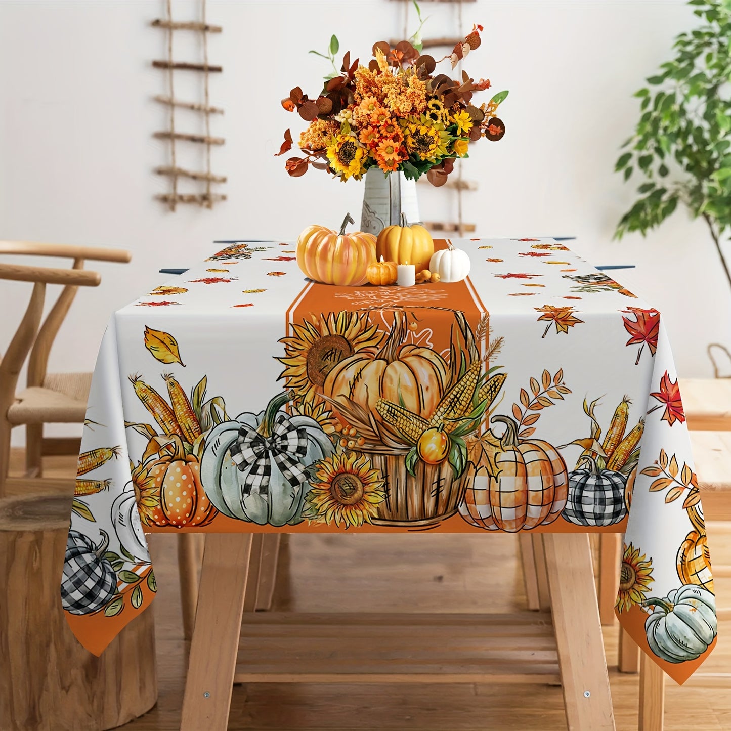 Autumn Harvest Tablecloth with Pumpkin, Maple Leaf & Birds Design – Machine-Woven Polyester with PVC Coating