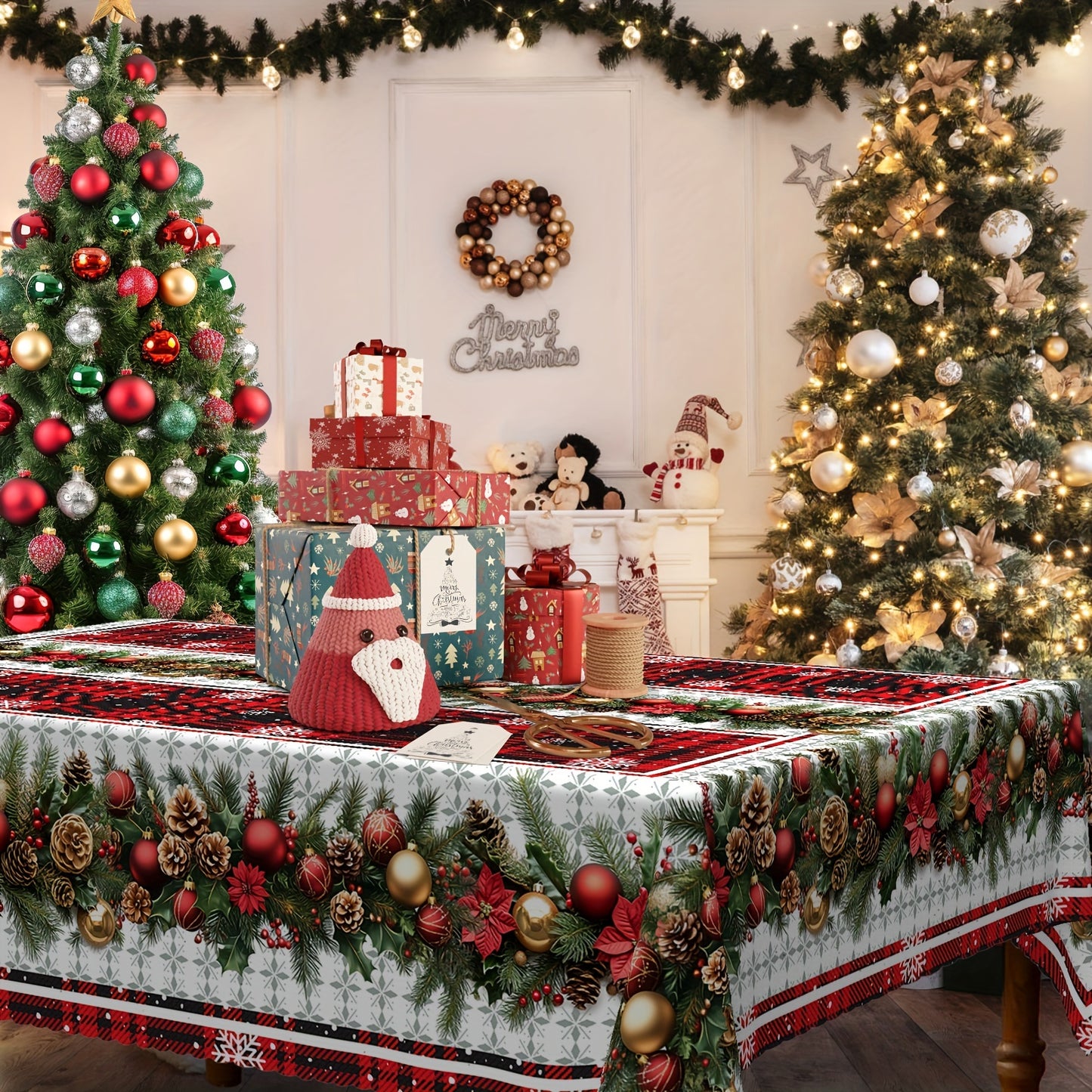 Christmas Festive Tablecloth with Snowflake & Pine Cone Design - Waterproof and Stain-Resistant Polyester, Perfect for Holiday Dining and Outdoor Picnics