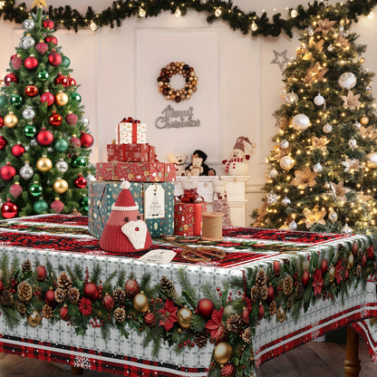 Christmas Festive Tablecloth with Snowflake & Pine Cone Design - Waterproof and Stain-Resistant Polyester, Perfect for Holiday Dining and Outdoor Picnics