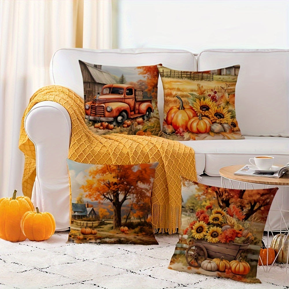 Autumn Harvest Thanksgiving Decorative Pillow Covers – Set of 4 Farmhouse Style