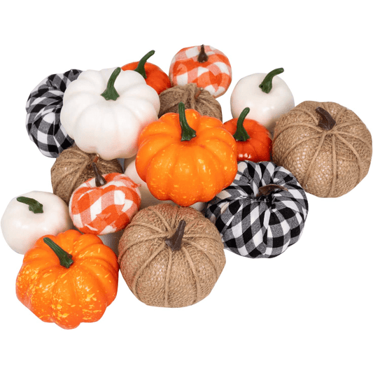 8-Piece Festive Fall Decor – Artificial Pumpkins with Burlap, Plaid, and Foam for Halloween & Thanksgiving