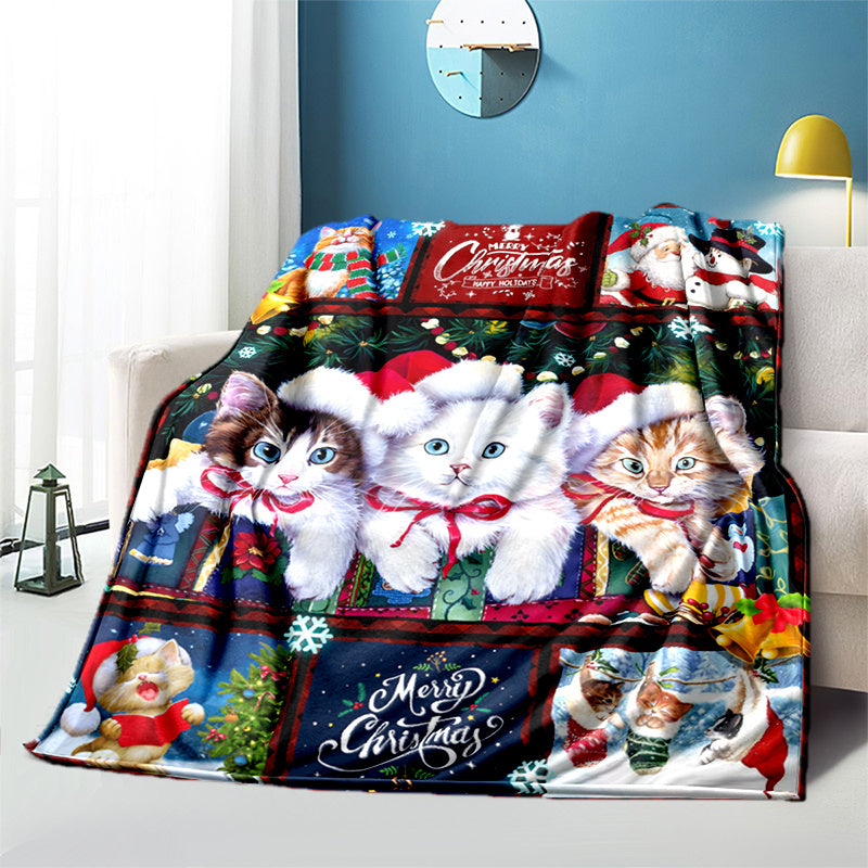 Cozy Christmas Cat Santa Claus Flannel Blanket – Soft, Warm, Lightweight Fleece Throw for Sofa, Bed, Travel, and Camping