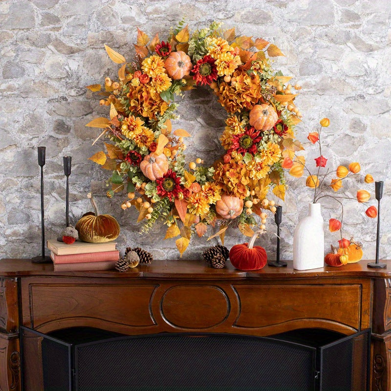 17.72in Fall Harvest Artificial Flower Arrangement with Maple Leaves & Silk Bow