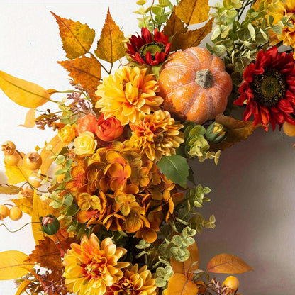 17.72in Fall Harvest Artificial Flower Arrangement with Maple Leaves & Silk Bow