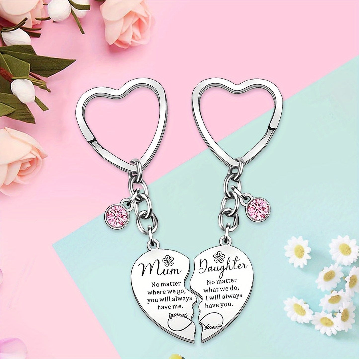 To my Mom/Daughter from Daughter/Mon: Cherished Mom & Daughter Keychain Set - Stainless Steel, Heart-Shaped with Inspirational Quotes