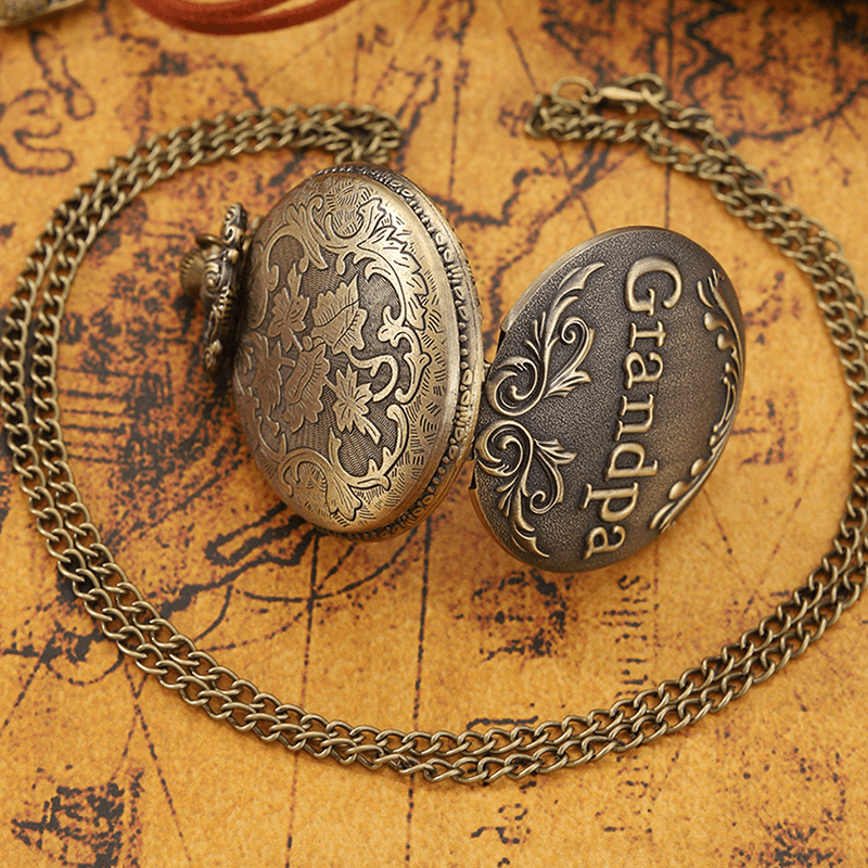 Retro Bronze Grandpa Engraved Quartz Pocket Watch - Unique Antique-Style Timepiece with Chain, Perfect Art Collectible Gift