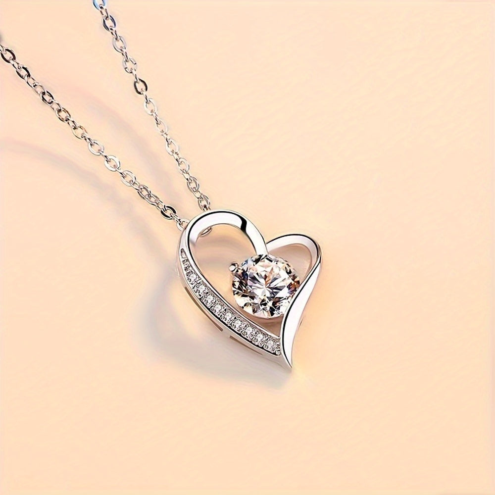 Copper Silver-Plated Heart Pendant Necklace with Zirconia - Elegant Gift for Birthdays, Graduations & Holidays