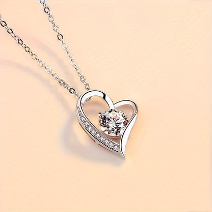 Copper Silver-Plated Heart Pendant Necklace with Zirconia - Elegant Gift for Birthdays, Graduations & Holidays