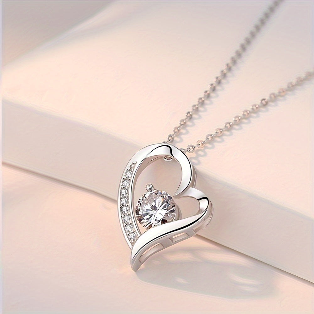 Copper Silver-Plated Heart Pendant Necklace with Zirconia - Elegant Gift for Birthdays, Graduations & Holidays