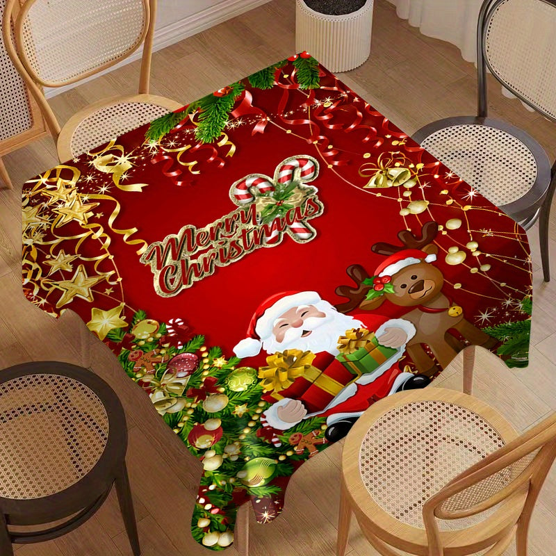 Jolly Christmas Tablecloth - Festive Red with Santa and Reindeer, Waterproof and Durable Table Cover for Holiday Parties