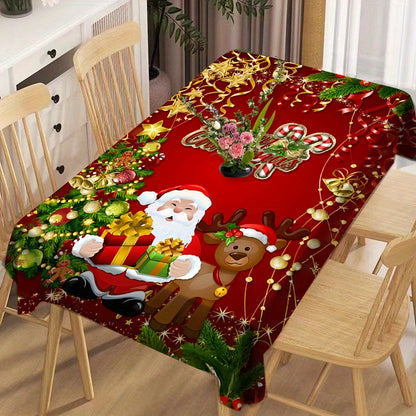 Jolly Christmas Tablecloth - Festive Red with Santa and Reindeer, Waterproof and Durable Table Cover for Holiday Parties