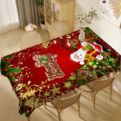 Jolly Christmas Tablecloth - Festive Red with Santa and Reindeer, Waterproof and Durable Table Cover for Holiday Parties