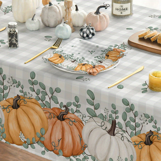 Fall Tablecloth & Napkin Set – Orange Pumpkin & Buffalo Plaid (60x84 Inch)