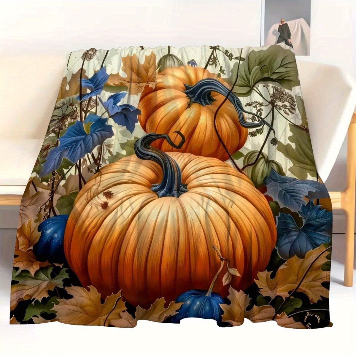 Festive Autumn Pumpkin Fleece Throw Blanket – Soft, Cozy, and Machine Washable for Home & Travel