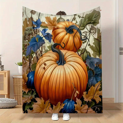 Festive Autumn Pumpkin Fleece Throw Blanket – Soft, Cozy, and Machine Washable for Home & Travel