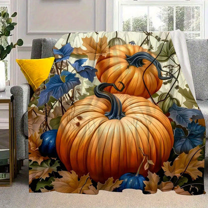 Festive Autumn Pumpkin Fleece Throw Blanket – Soft, Cozy, and Machine Washable for Home & Travel