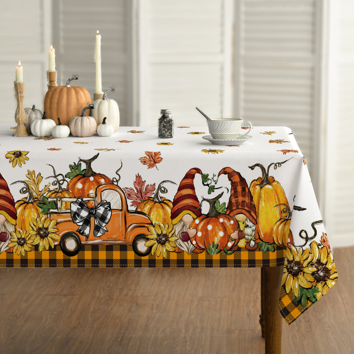 Autumn Harvest Fall Tablecloth with Orange Truck & Gnome Design – 60x84 Inch