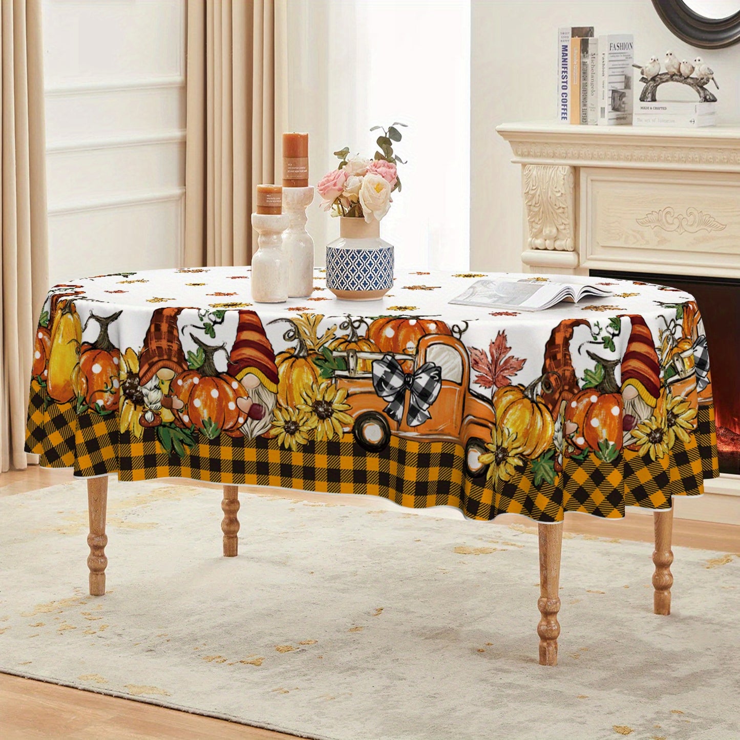 Autumn Harvest Fall Tablecloth with Orange Truck & Gnome Design – 60x84 Inch