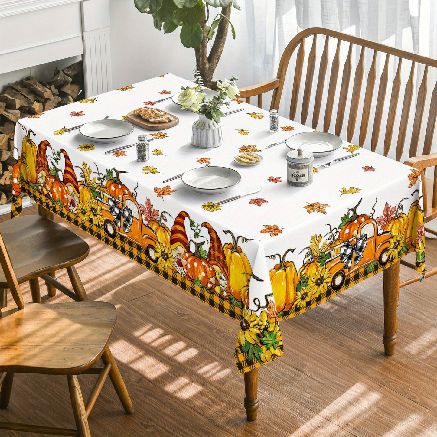 Autumn Harvest Fall Tablecloth with Orange Truck & Gnome Design – 60x84 Inch