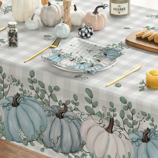 Fall Tablecloth Set with Blue Pumpkin & Buffalo Plaid Design – 60x84 Inch Tablecloth + 4pc Napkins