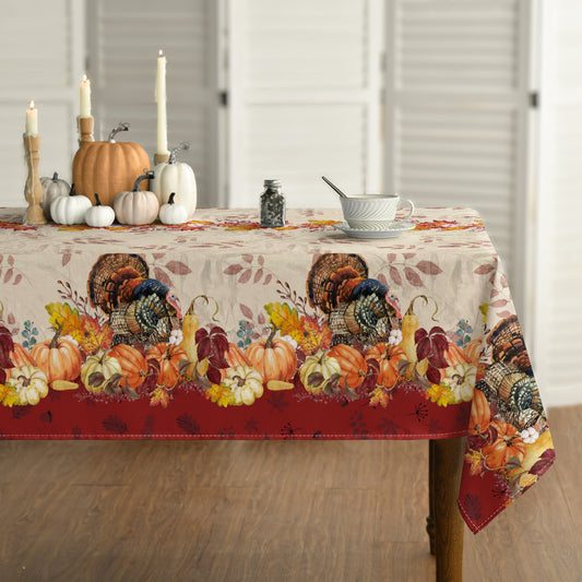 Thanksgiving Tablecloth with Turkey & Pumpkin Design – 60x84 Inch Washable