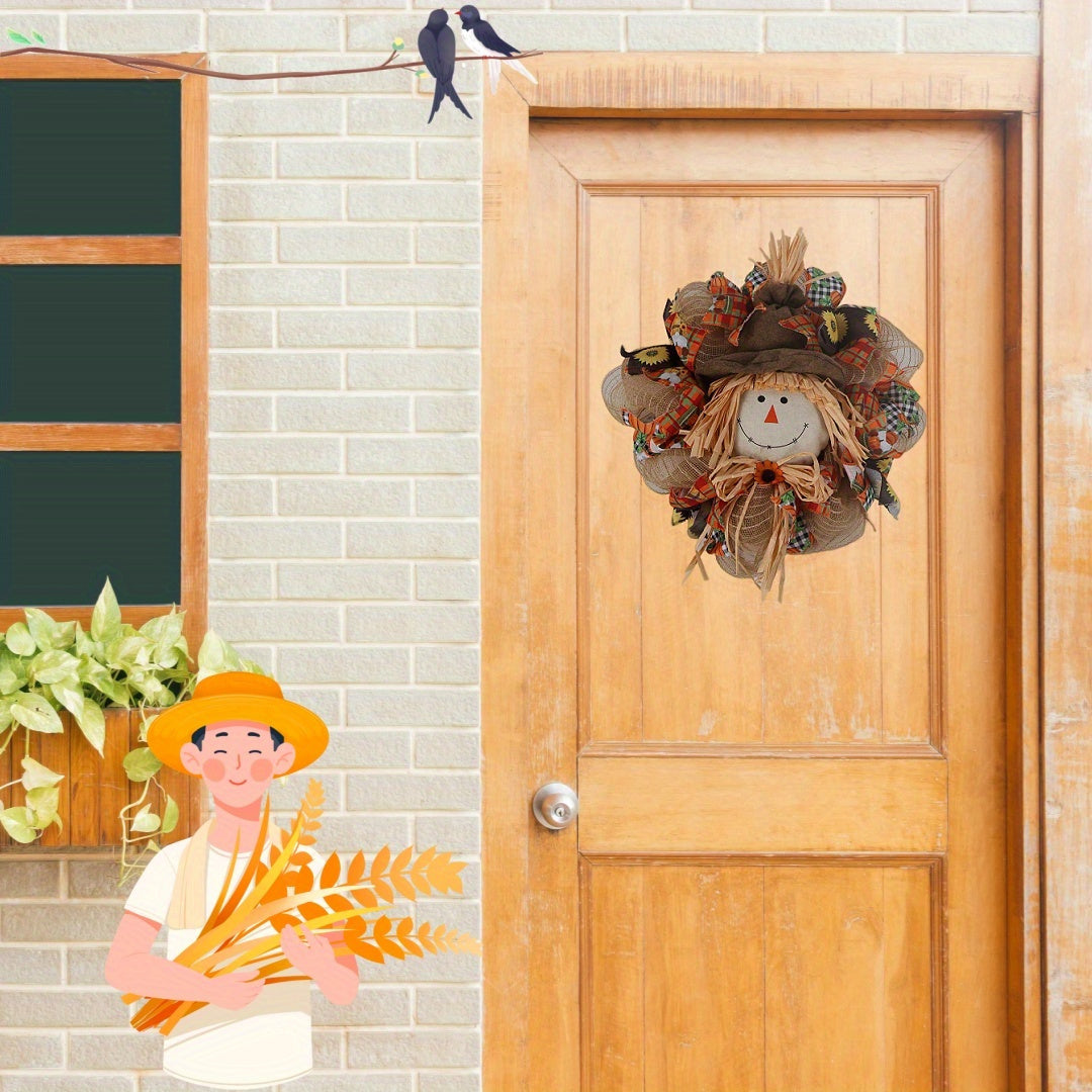 17.71in Artisan Fall Scarecrow Wreath with Sunflowers & Bow - Harvest & Thanksgiving Décor