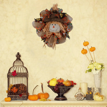 17.71in Artisan Fall Scarecrow Wreath with Sunflowers & Bow - Harvest & Thanksgiving Décor